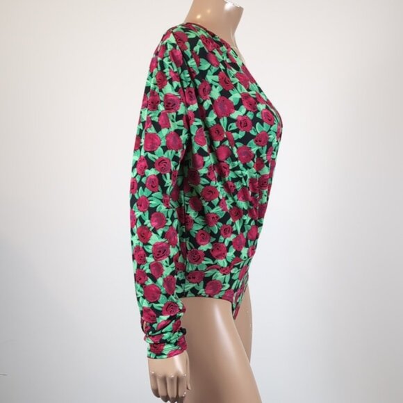 Zara Floral Vneck Bodysuit Top Long Sleeve Plunging Wrap Rose Print Size Medium - Picture 10 of 12